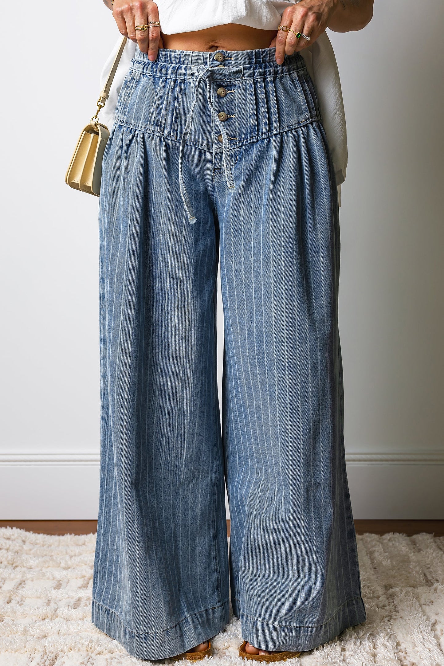 Sky Blue Stripe Drawstring Waist Casual Wide Leg Jeans
