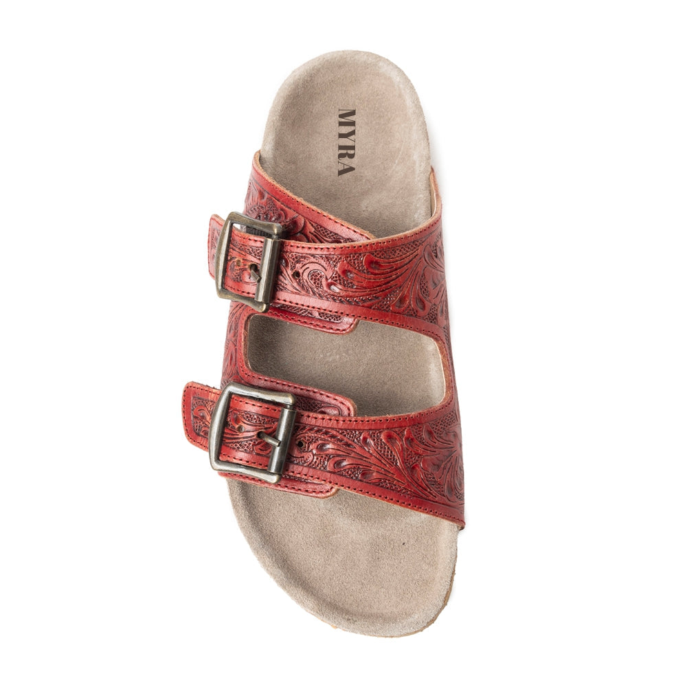 MYRA Falling Feather Red Tooled Leather Sandals