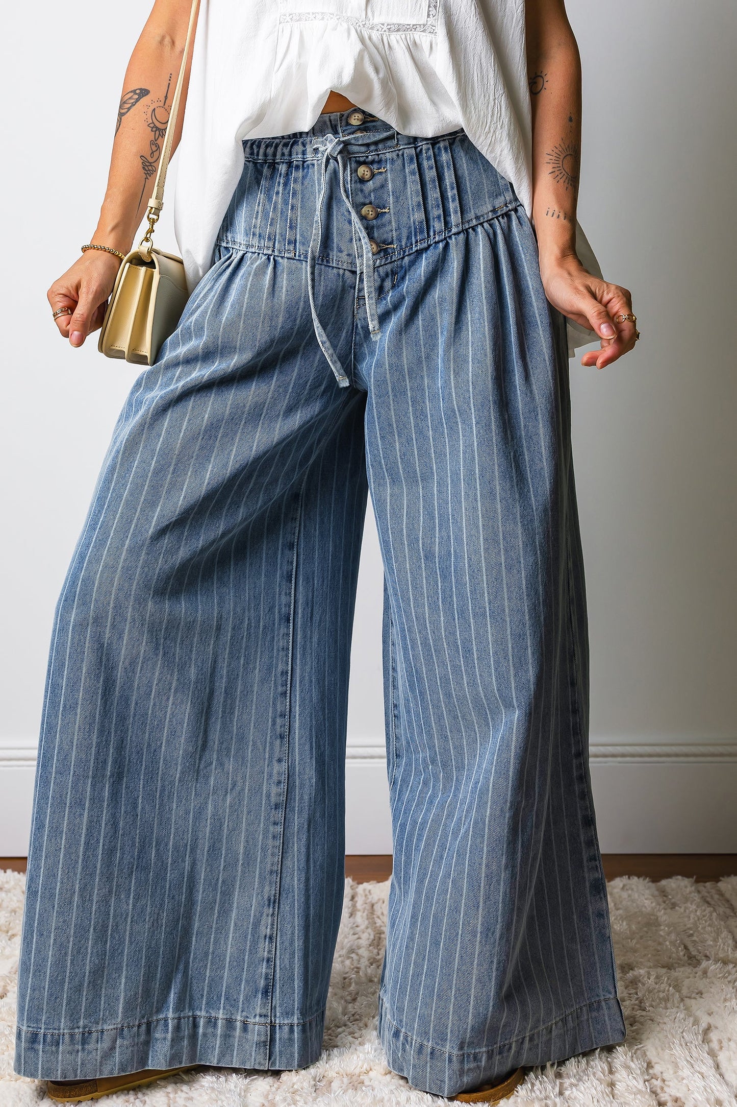 Sky Blue Stripe Drawstring Waist Casual Wide Leg Jeans