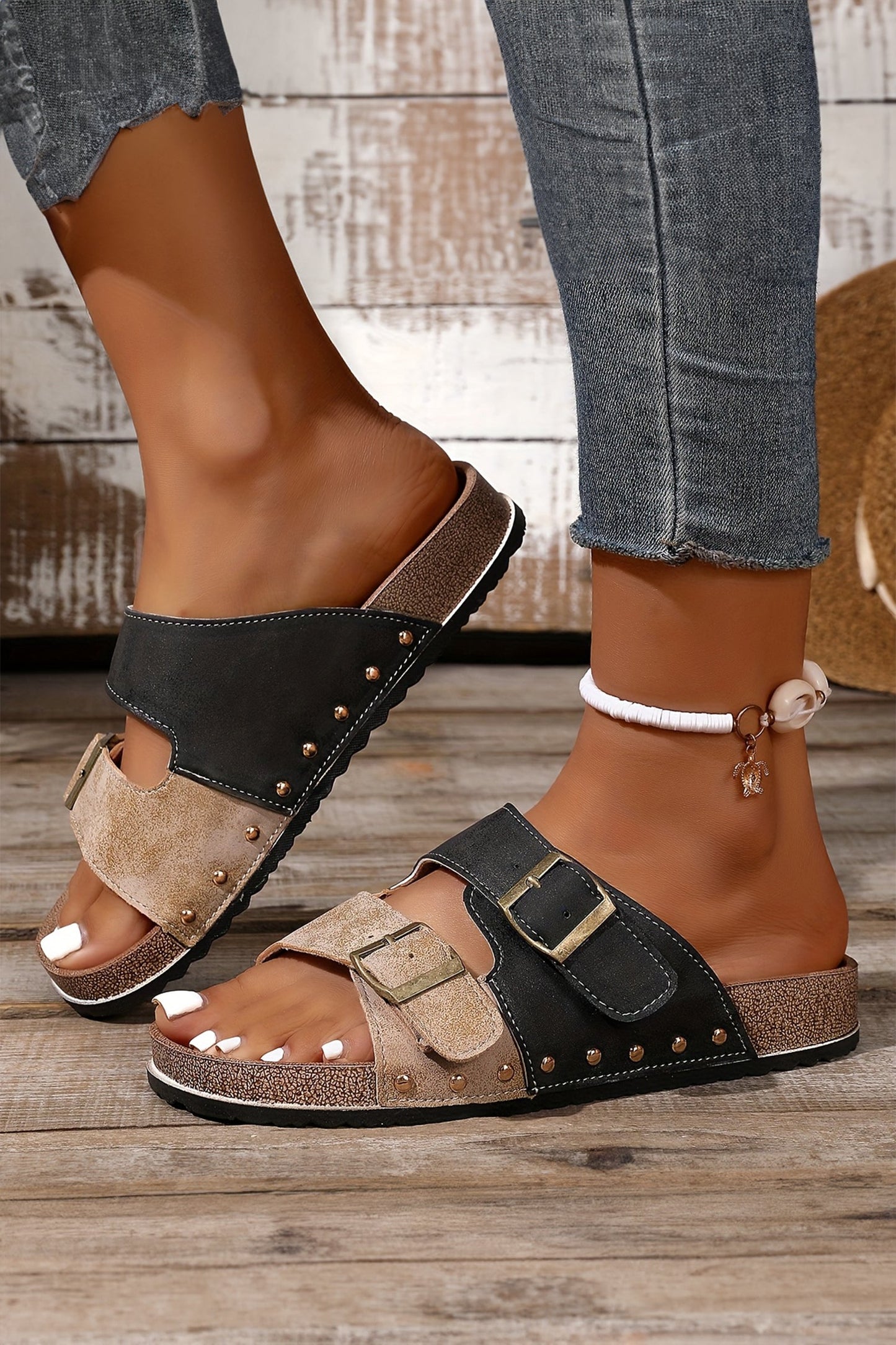 Coffee Two-tone Retro Buckle Straps Slippers