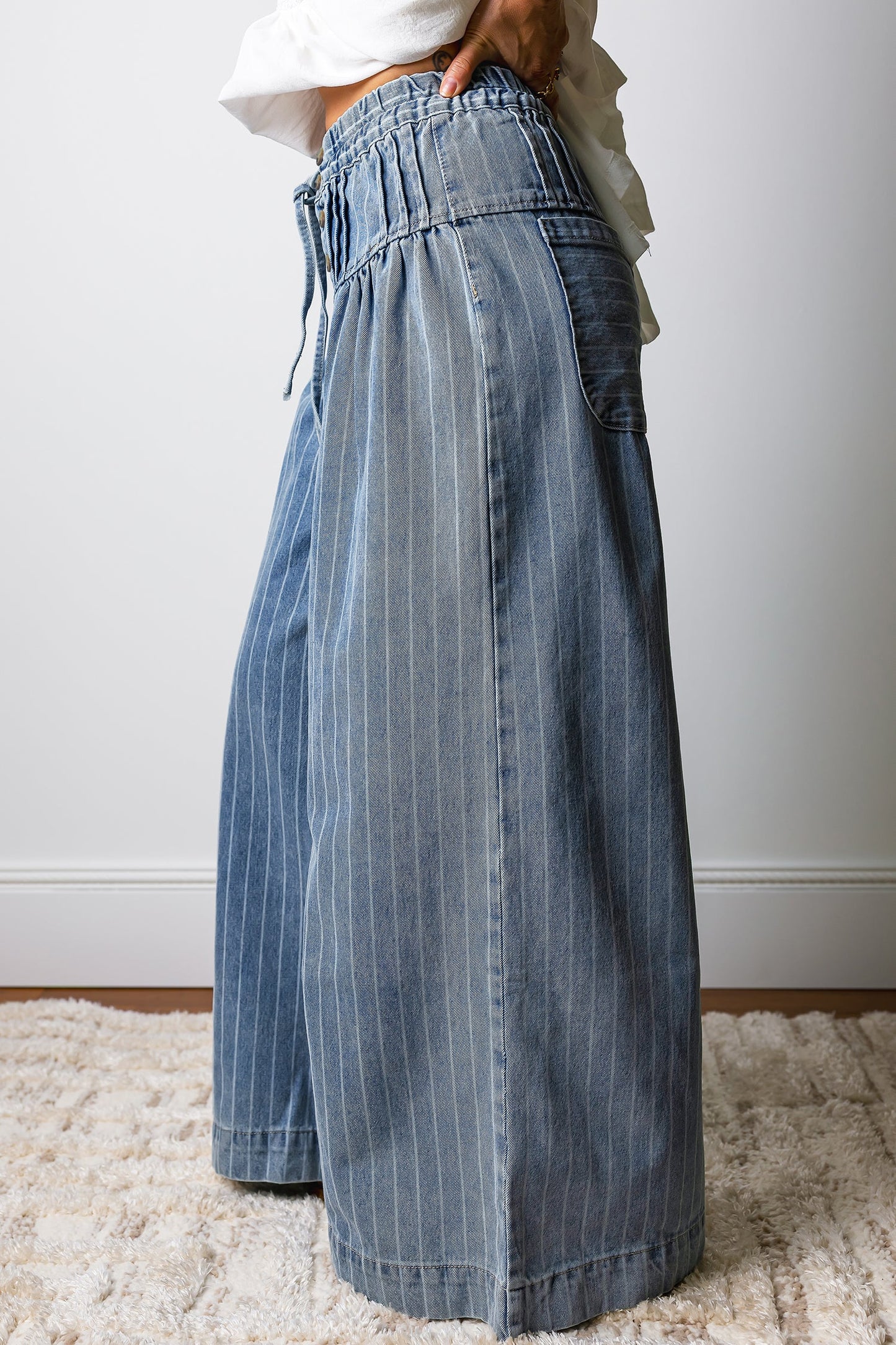 Sky Blue Stripe Drawstring Waist Casual Wide Leg Jeans