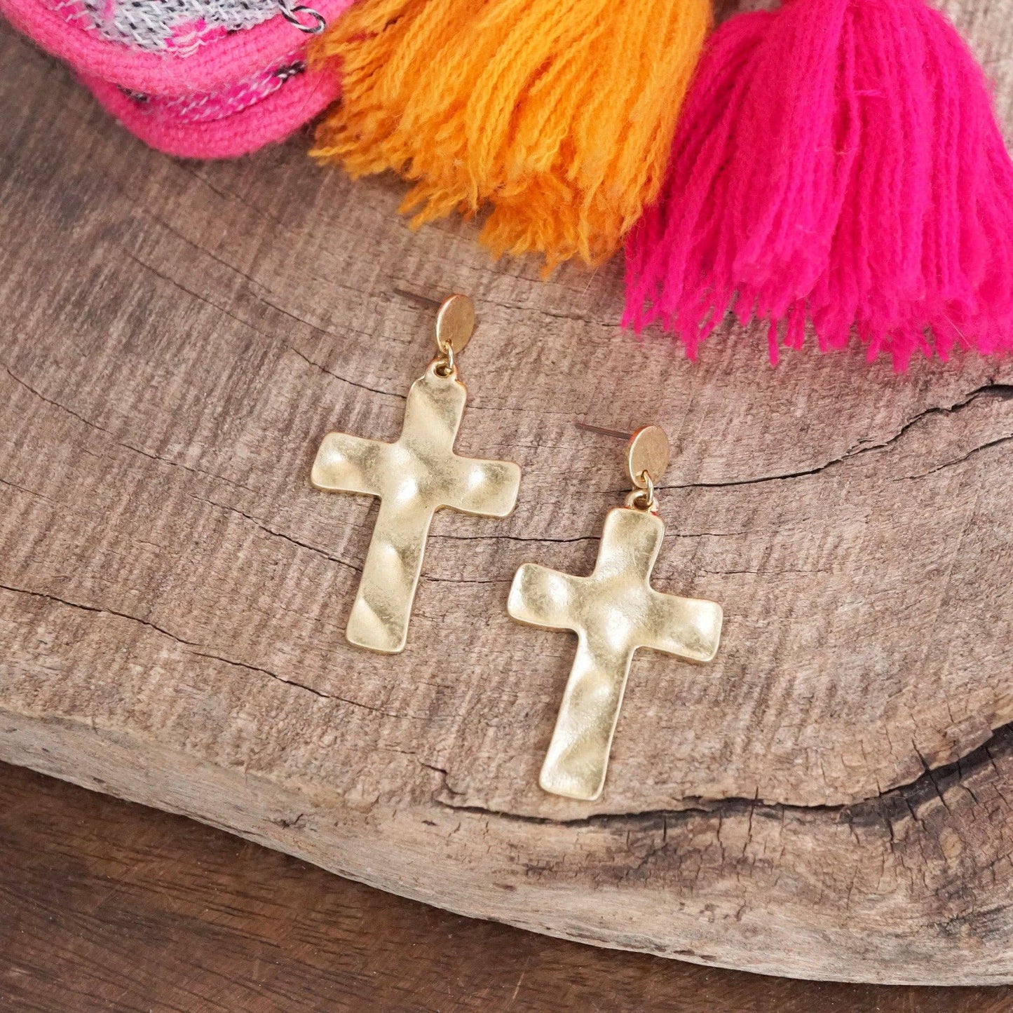 Cross Hammered Distressed Drop Earrings