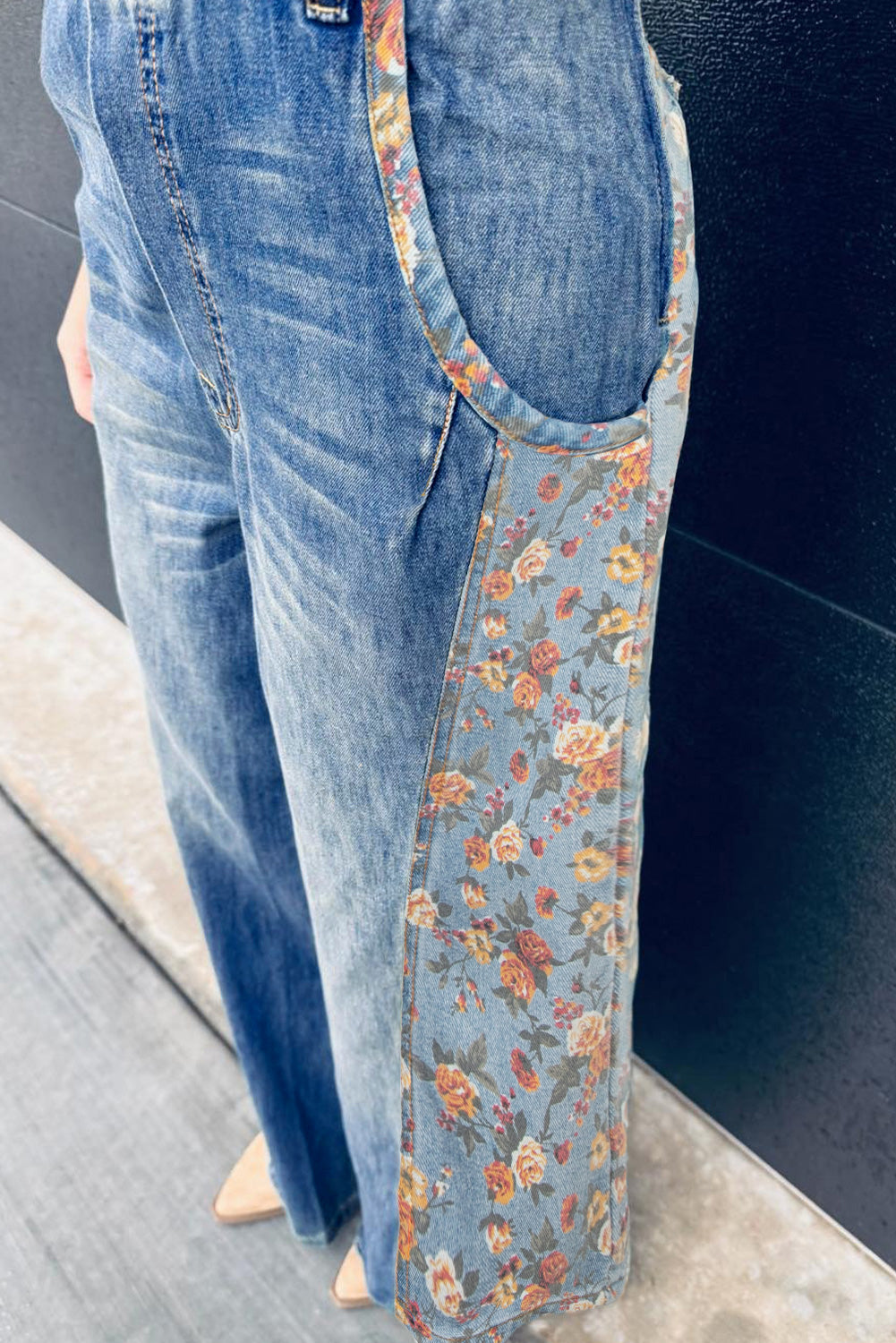 Peacock Blue Floral Bib Denim Wide Leg Overalls