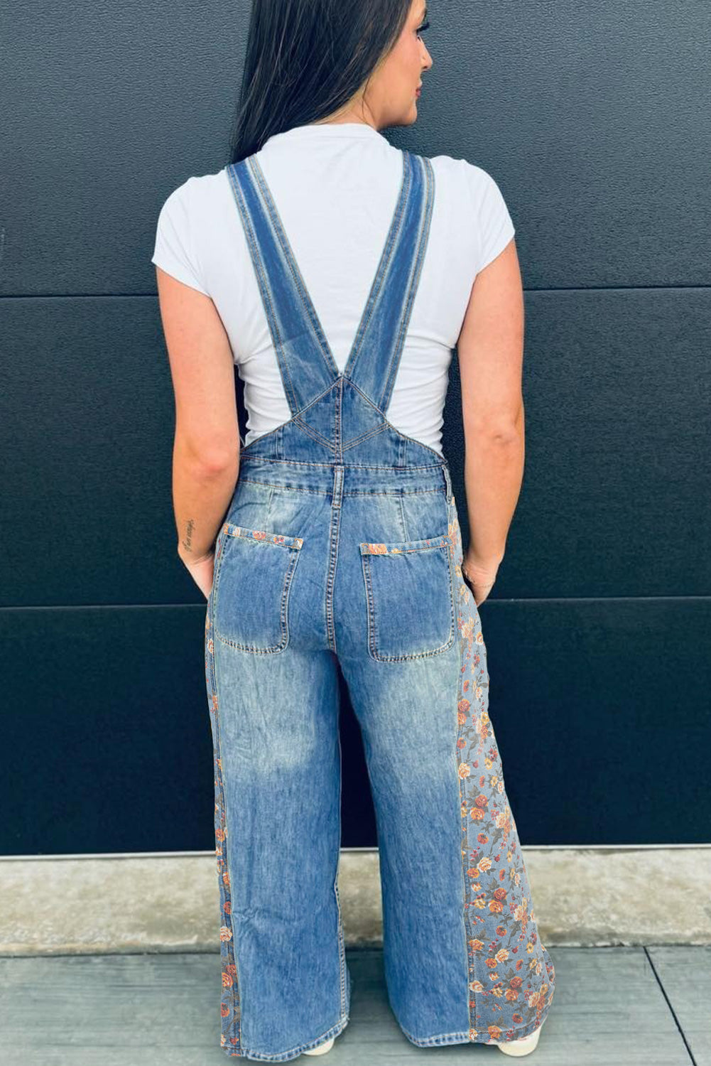 Peacock Blue Floral Bib Denim Wide Leg Overalls