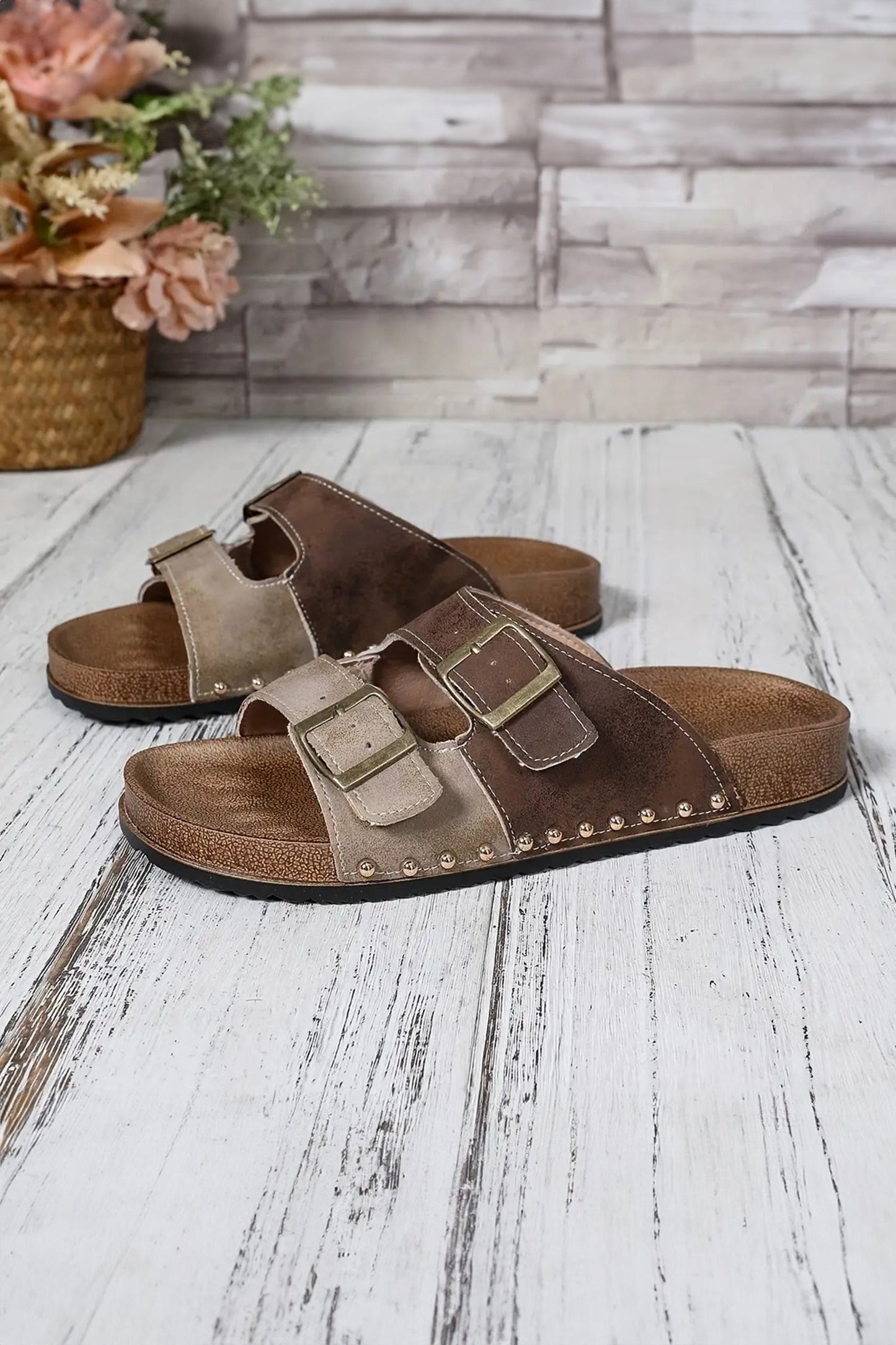 Coffee Two-tone Retro Buckle Straps Slippers
