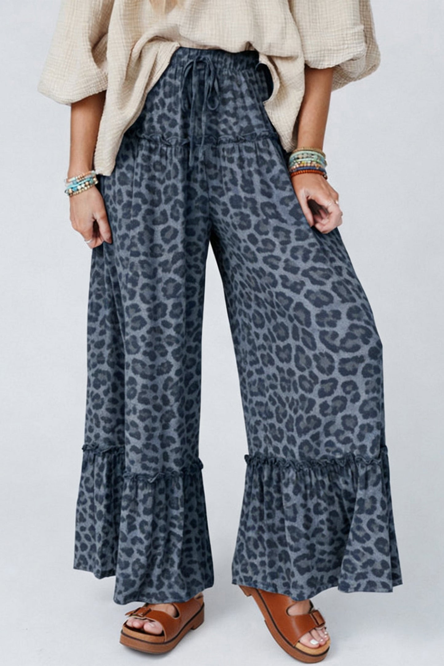 Gray Wild Leopard Drawstring Wide Leg Pants