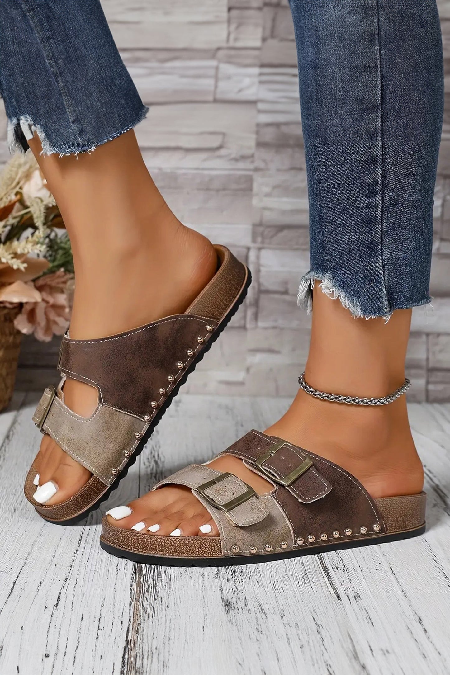 Coffee Two-tone Retro Buckle Straps Slippers