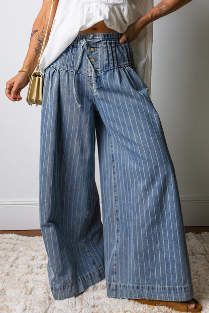 Sky Blue Stripe Drawstring Waist Casual Wide Leg Jeans