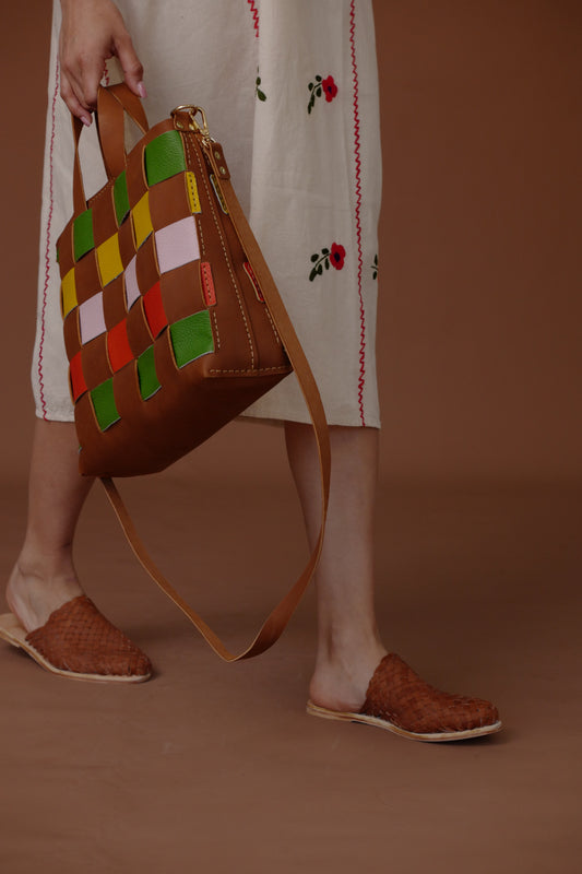 LOLA Y TULA Hand Woven Leather Slides Camel