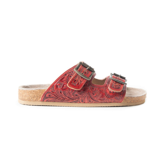 MYRA Falling Feather Red Tooled Leather Sandals