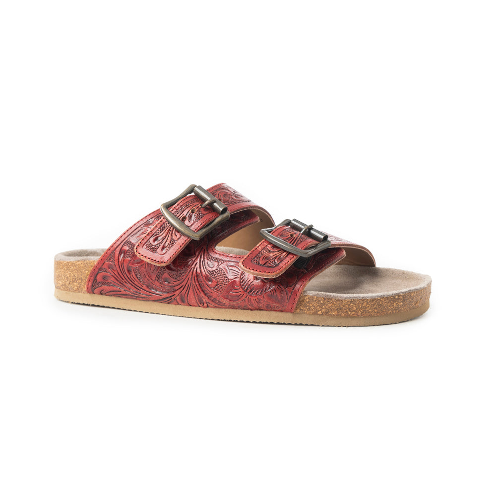 MYRA Falling Feather Red Tooled Leather Sandals