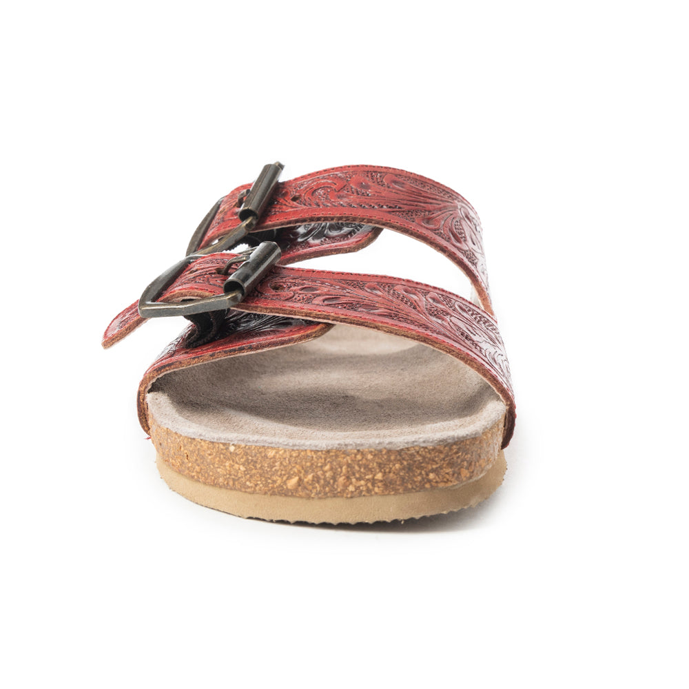 MYRA Falling Feather Red Tooled Leather Sandals