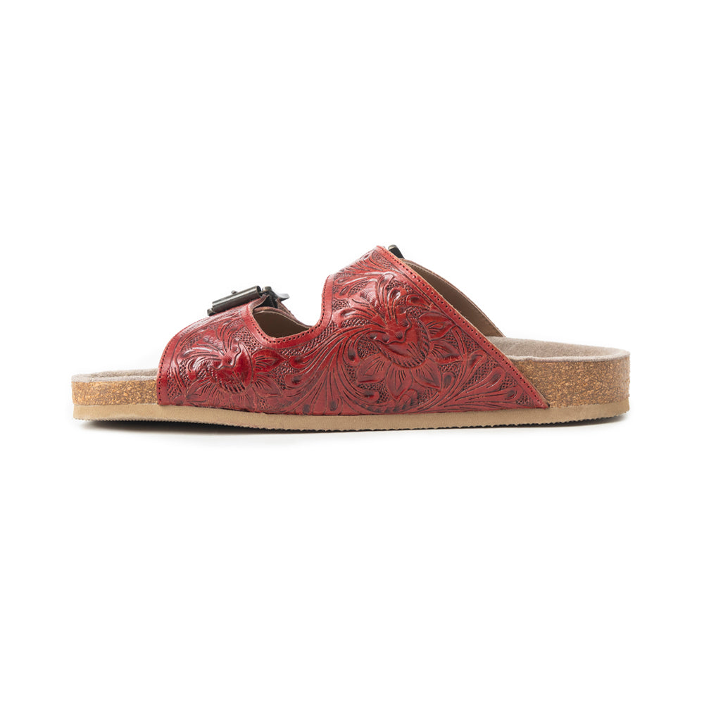 MYRA Falling Feather Red Tooled Leather Sandals