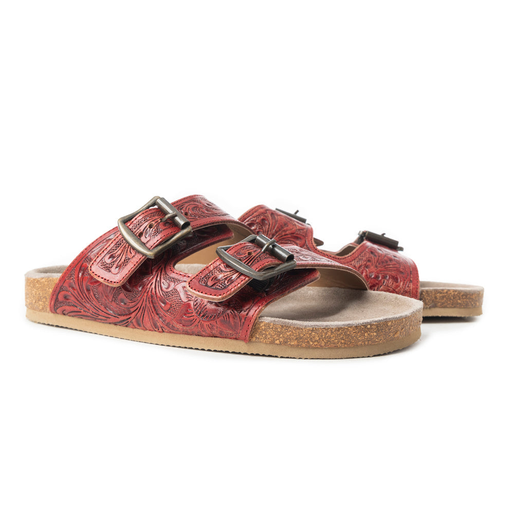 MYRA Falling Feather Red Tooled Leather Sandals