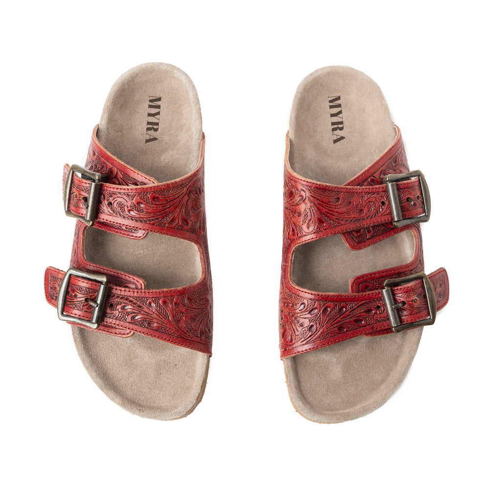 MYRA Falling Feather Red Tooled Leather Sandals