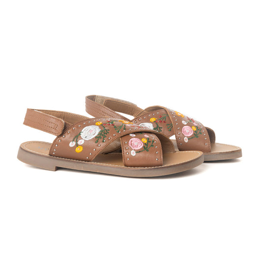 MYRA Lilytrail Embroidered Leather Sandals in Tan