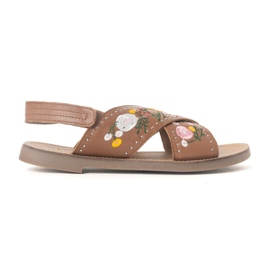 MYRA Lilytrail Embroidered Leather Sandals in Tan