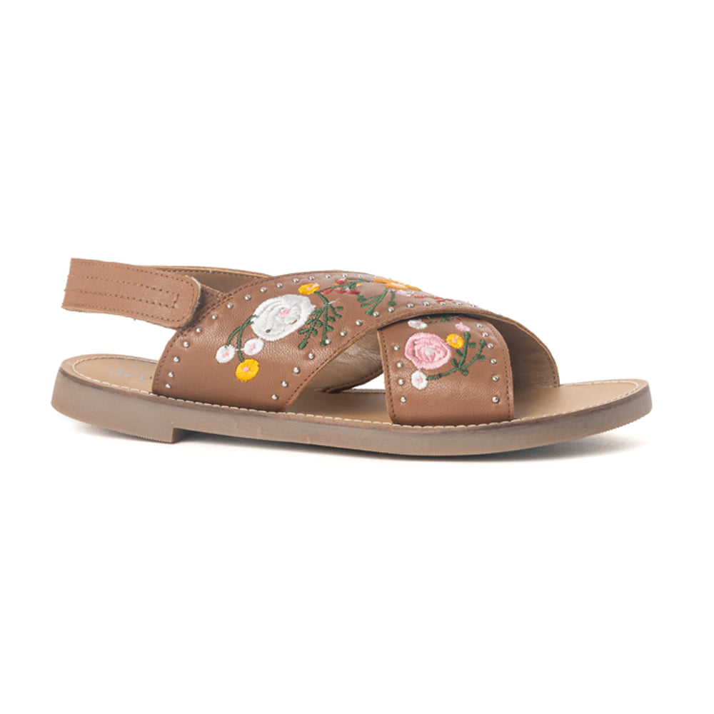 MYRA Lilytrail Embroidered Leather Sandals in Tan