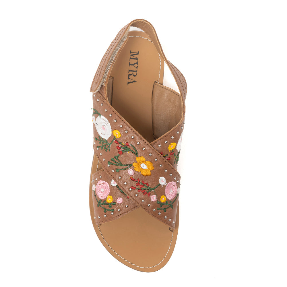 MYRA Lilytrail Embroidered Leather Sandals in Tan