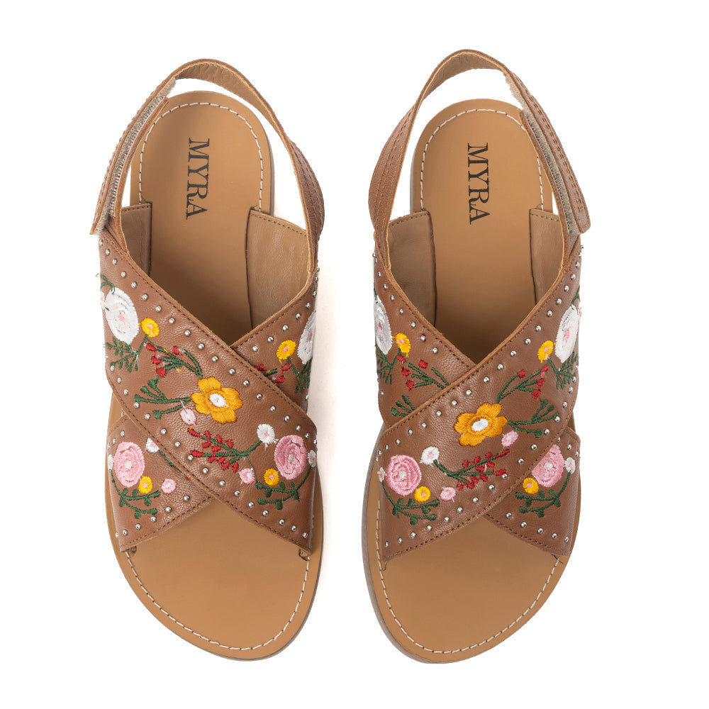 MYRA Lilytrail Embroidered Leather Sandals in Tan