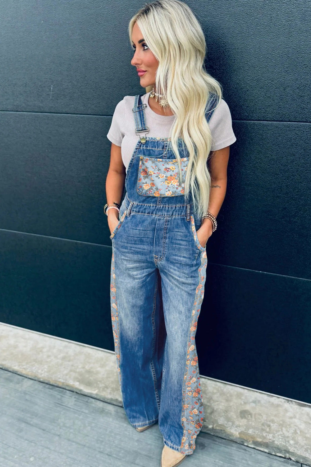 Peacock Blue Floral Bib Denim Wide Leg Overalls