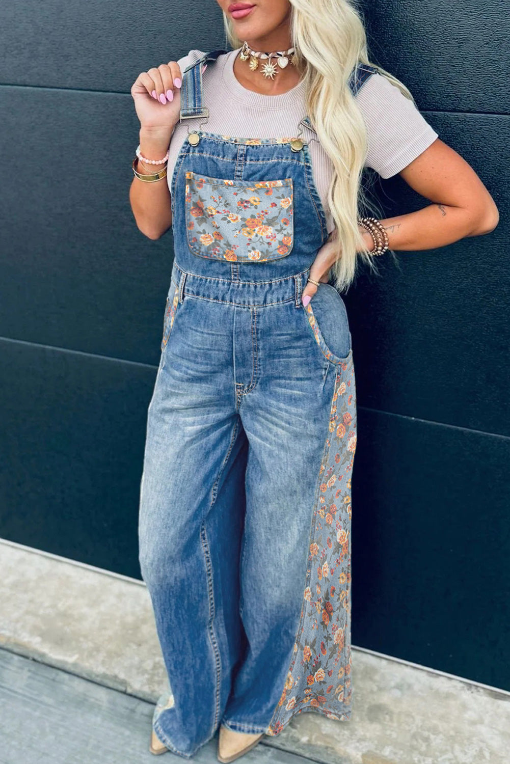 Peacock Blue Floral Bib Denim Wide Leg Overalls