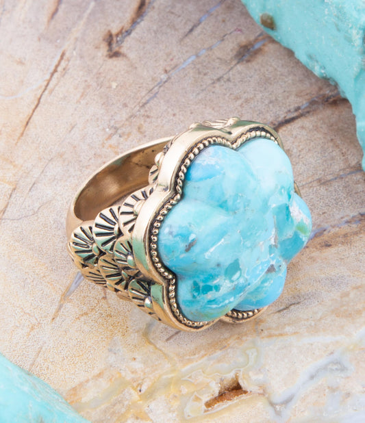 GENUINE Blue Turquoise Flower Golden Ring