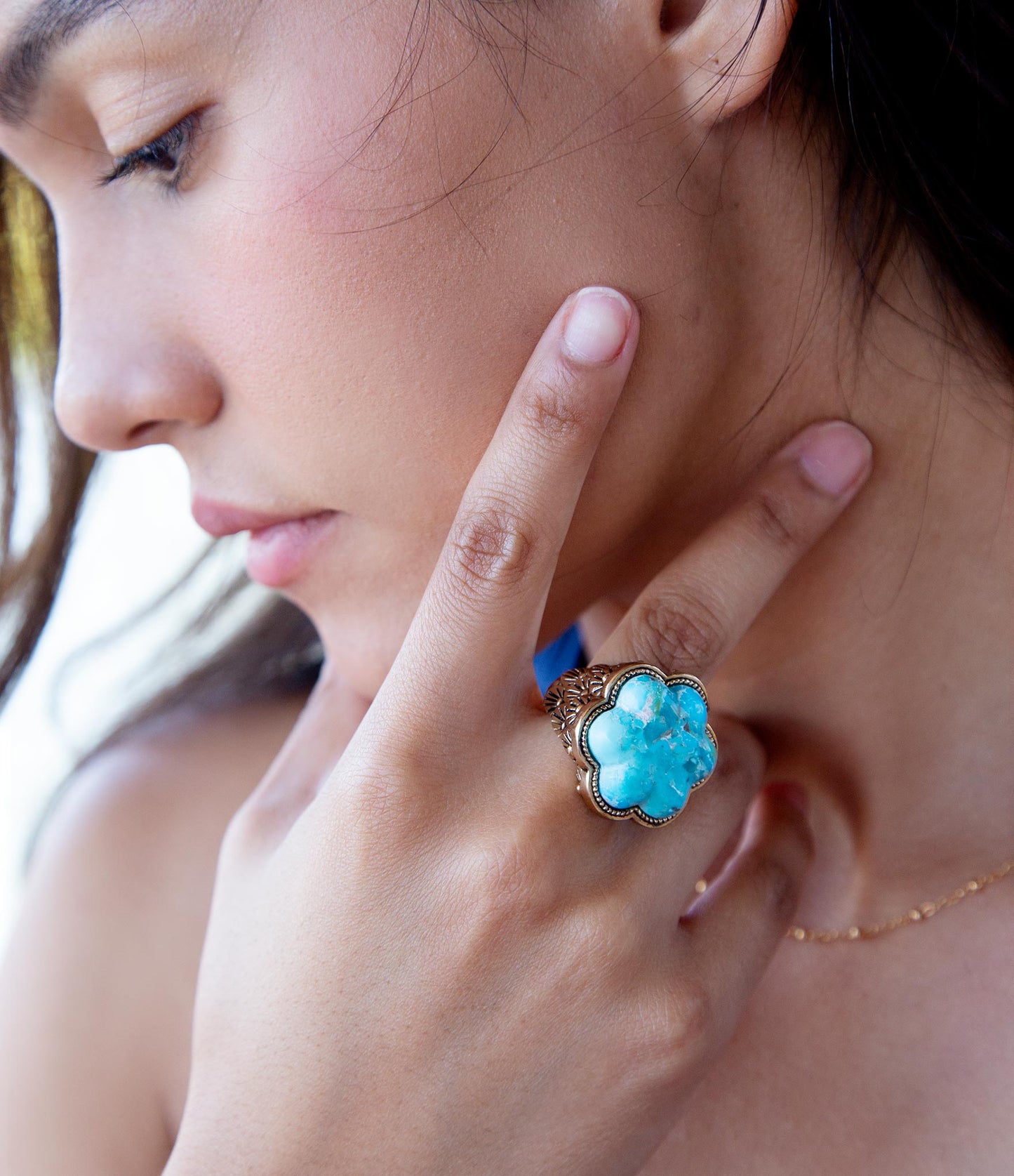 GENUINE Blue Turquoise Flower Golden Ring