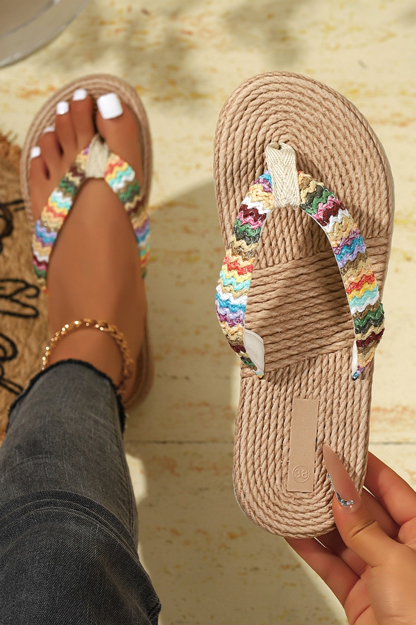 Khaki Bohemian Straw Rainbow Strap Flip Flops