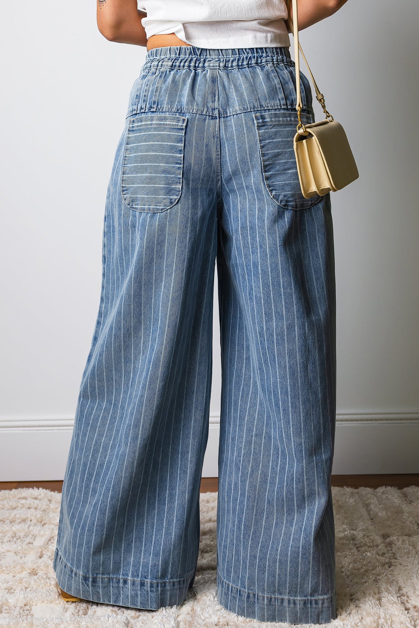 Sky Blue Stripe Drawstring Waist Casual Wide Leg Jeans