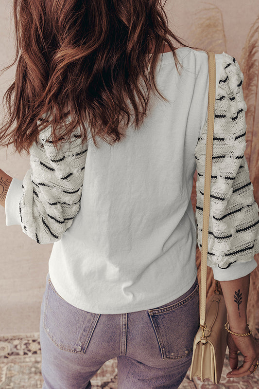 Striped Sleeve Patchwork Rib Knit Top