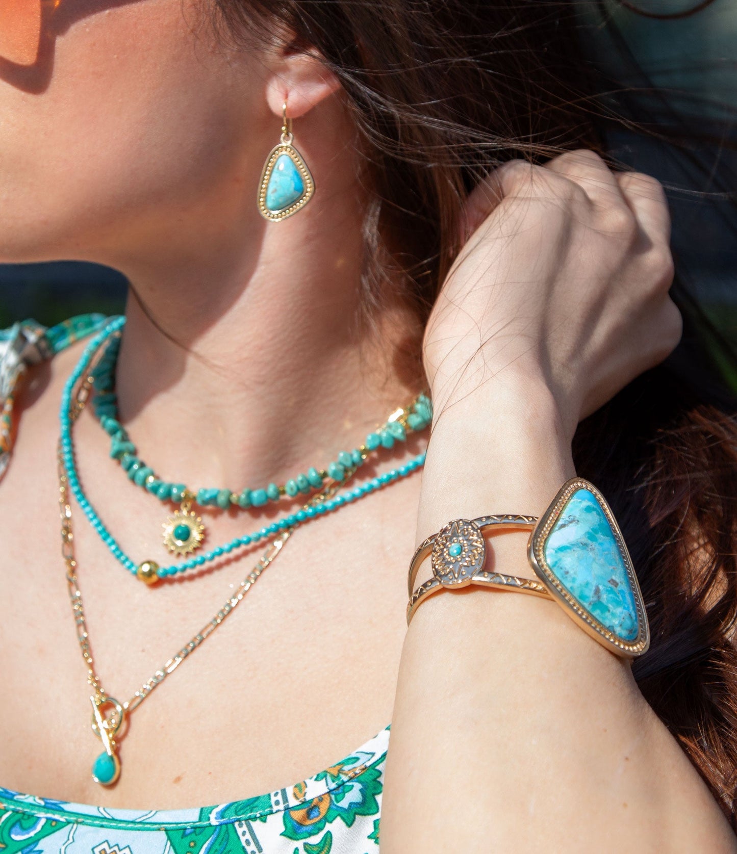 GENUINE Tulum Blue Turquoise Golden Cuff Bracelet